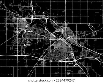 Mapa de la ciudad vectorial de Waterloo Iowa en los Estados Unidos de América con caminos blancos aislados en un fondo negro.