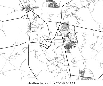 Mapa vetorial de Welkom na África do Sul com estradas pretas isoladas sobre um fundo branco.