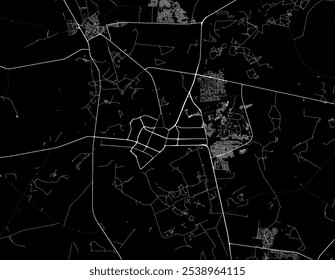 Mapa vetorial de Welkom na África do Sul com estradas brancas isoladas sobre um fundo preto.