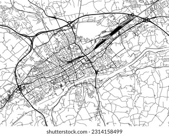 Mapa vectorial de Wels en Austria con carreteras negras aisladas en un fondo blanco.