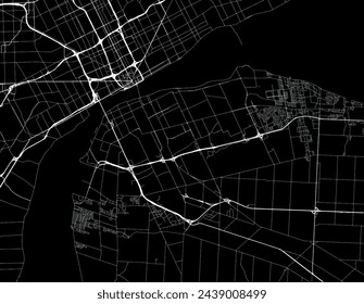 Vector mapa de la ciudad de Windsor Ontario en Canadá con carreteras blancas aisladas sobre un fondo negro.