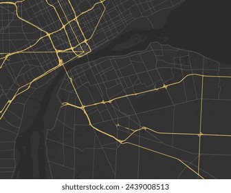 Vector mapa de la ciudad de Windsor Ontario en Canadá con carreteras amarillas aisladas sobre un fondo marrón.