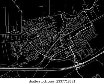 Stadtplan von Woerden in den Niederlanden mit weißen Straßen einzeln auf schwarzem Hintergrund.