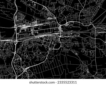 Stadtplan von Wolfsburg in Deutschland mit weißen Straßen einzeln auf schwarzem Hintergrund.