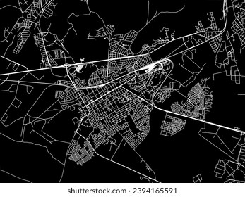 Mapa de la ciudad vectorial de Worcester en Sudáfrica con caminos blancos aislados en un fondo negro.