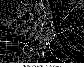 Vector city map of Worms in Germany with white roads isolated on a black background.