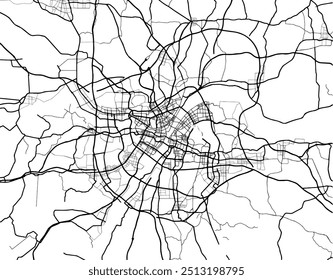 Vector city map of Wuhan in the People's Republic of China with black roads isolated on a white background.