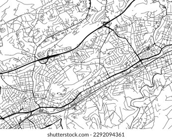 Mapa vectorial de Wuppertal en Alemania con carreteras negras aisladas en un fondo blanco.