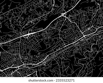Mapa vectorial de Wuppertal en Alemania con caminos blancos aislados en un fondo negro.