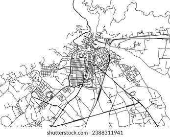 Mapa vectorial de la ciudad de Xanthi en Grecia con carreteras negras aisladas en un fondo blanco.