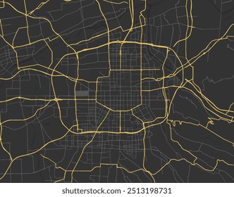 Vector city map of Xian in People's Republic of China with yellow roads isolated on a brown background.