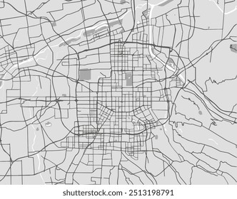 Mapa vetorial de Xian na República Popular da China com estradas pretas isoladas sobre um fundo cinza.