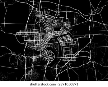 Mapa de la ciudad vectorial de Xiangyang en la República Popular China (PRC) con caminos blancos aislados en un fondo negro.