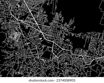 Vector city map of Xochimilco in Mexico with white roads isolated on a black background.