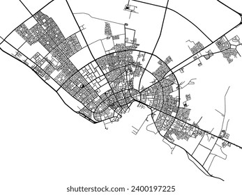 Mapa de la ciudad vectorial de Yanbu en el Reino de Arabia Saudita con caminos negros aislados en un fondo blanco.