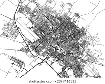 Mapa vectorial de Yazd en Irán con carreteras negras aisladas en un fondo blanco.