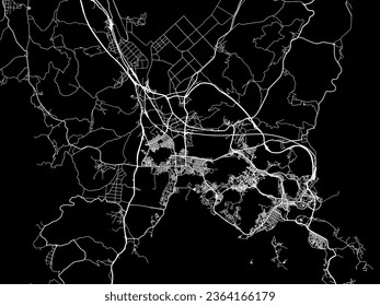 Mapa vectorial de Yeosu en Corea del Sur con caminos blancos aislados en un fondo negro.