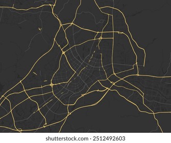 Vector city map of Yiwu in the People's Republic of China with yellow roads isolated on a brown background.