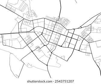 Mapa vetorial de Yoshkar-Ola na Federação Russa com estradas pretas isoladas sobre um fundo branco.