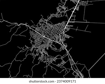 Mapa de la ciudad vectorial de Zacapu en México con caminos blancos aislados en un fondo negro.
