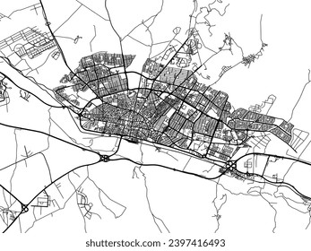 Vector city map of Zanjan in Iran with black roads isolated on a white background.