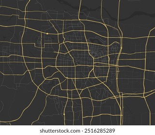 Mapa vetorial de Zhengzhou na República Popular da China com estradas amarelas isoladas sobre um fundo marrom.