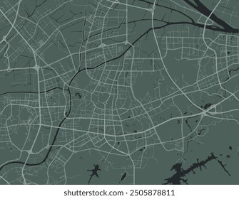 Mapa Vector de la ciudad de Zhongshan en la República de las Personas de China con carreteras blancas aisladas sobre un fondo verde