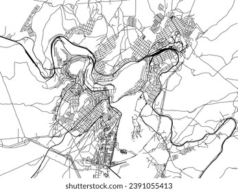 Mapa de la ciudad vectorial de Zlatoust en la Federación Rusa con carreteras negras aisladas en un fondo blanco.