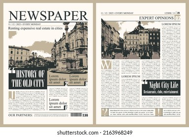 Vector city newspaper layout with headlines, illustrations and imitation of text. News column articles and daily advertising construction.Newsprint design or magazine page template