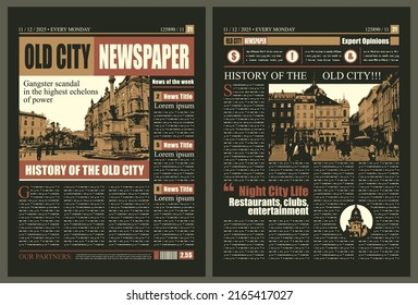 Vector city newspaper layout with headlines, illustrations and imitation of text. News column articles and daily advertising construction.Newsprint design or magazine page template