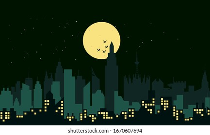 vector city at night with a full moon accompanied by stars and birds