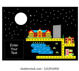 Vector City at Night Time With Full Moon
