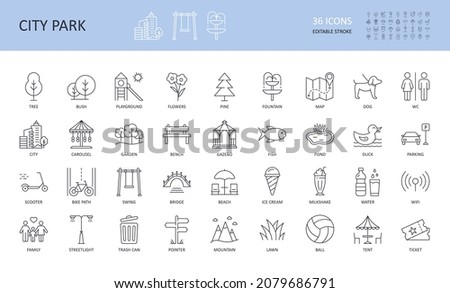 Vector city park icons set. Editable stroke. Tree fountain pond fish bush bench bridge garden pine playground flowers streetlight WC. Family mountain map ticket scooter lawn wifi ball umbrella parking