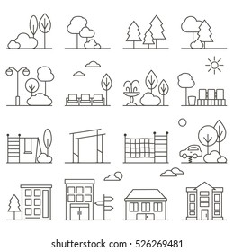 Vector City And Park Illustration In Linear Style - Buildings, Seesaw, Rope Ladder, Playground And Trees. Thin Line Art Icons. 