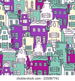 Vector city pattern. Cute city background. Amsterdam city pattern.