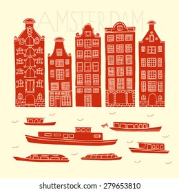 Vector city poster of Amsterdam. Monochrome print with old canal houses and boats.