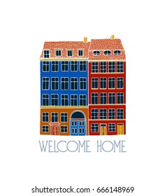 Vector city poster of Copenhagen. Hand drawn historic houses of Nyhavn in Copenhagen. Beautiful travel design elements.