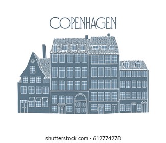Vector city poster, Hand drawn historic houses of Nyhavn in Copenhagen. Beautiful travel design elements.