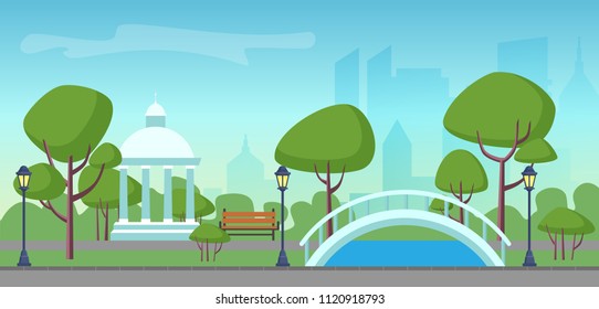 Vector city public park on the modern city skyscrapers background. Green park in town city center.