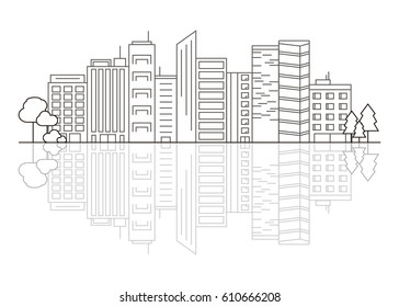 Vector City with Reflection Illustration in Linear Style - buildings, skyscrapers and trees. Thin line art icons. City design elements for map.