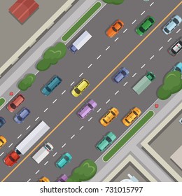 Vector city road with cars with buildings, grass and trees on sidelines top view illustration. Road street with car and building roof