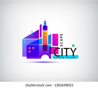 Vector City Scape, Real Estate Logo. Geometric Abstract Building Composition, Architecture, Structure Illustration