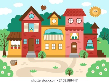 Vector city scene with beautiful house surrounded by garden. Landscape sunny day illustration with residential building. Cute cottage with windows, flowers. Funny little town scenery with sun, bird
