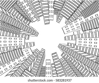 Vector city scene. Cityscape. Silhouette of skyscrapers on a white background. Monochrome buildings. Round design.
