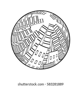 Vector city scene in the globe. Cityscape. Silhouette of skyscrapers. Monochrome buildings. Round design.
