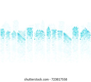 Vector city scene on white background. Blue White Cityscape  pattern with random squares or cells. Digital buildings for your design.