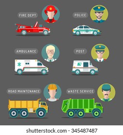 Vector city service infographics in flat style. Urban municipal  transport with different professions men icons. Public, emergency, special vehicles illustration.