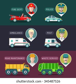Vector city service infographics in flat style. Urban municipal transport with different professions men icons. Public, emergency, special vehicles illustrations. 