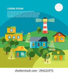 Vector city set. Village set with moon and lighthouse.