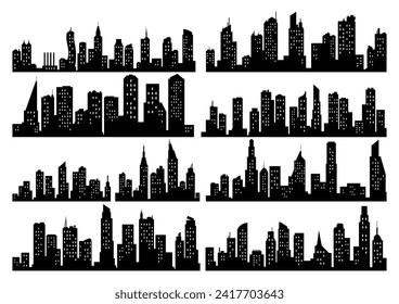 Vector city silhouette collection. Modern urban landscapes. High buildings with windows. Illustration on white background